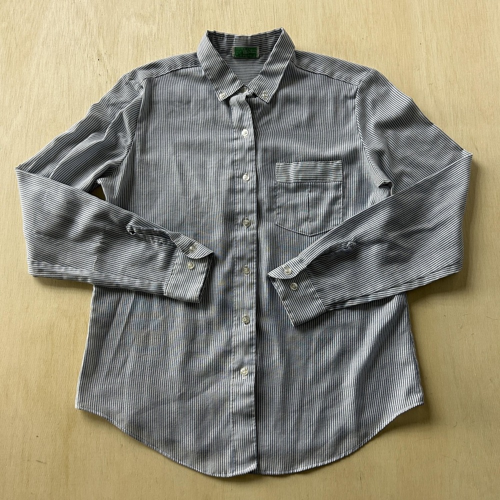 Vintage Sears JR Bazaar Shirt Mens Small Blue Striped Button Up Long Sleeve